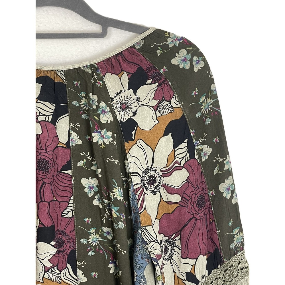 Young Threads Est Med-Large Boho Sage Floral Patchwork Embroidered Bell Sleeve - Picture 10 of 16